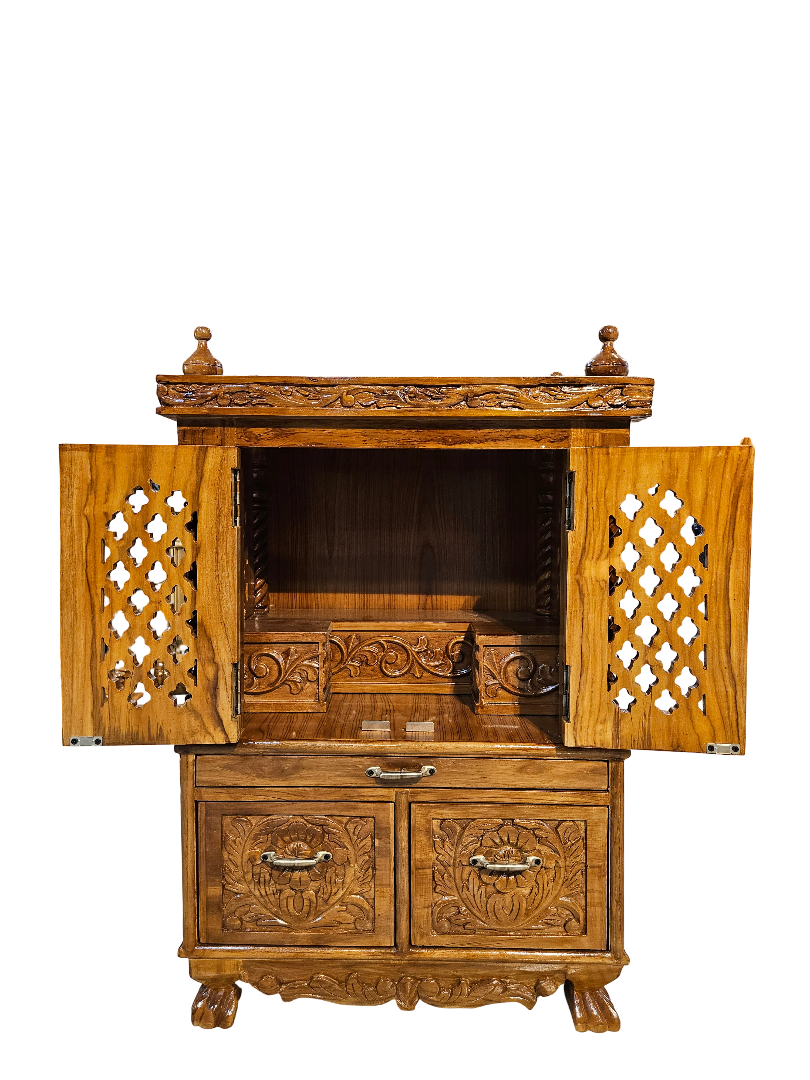 Premium Handcrafted Wooden Pooja Mandir | Compact Design with Storage | Usha Handicrafts