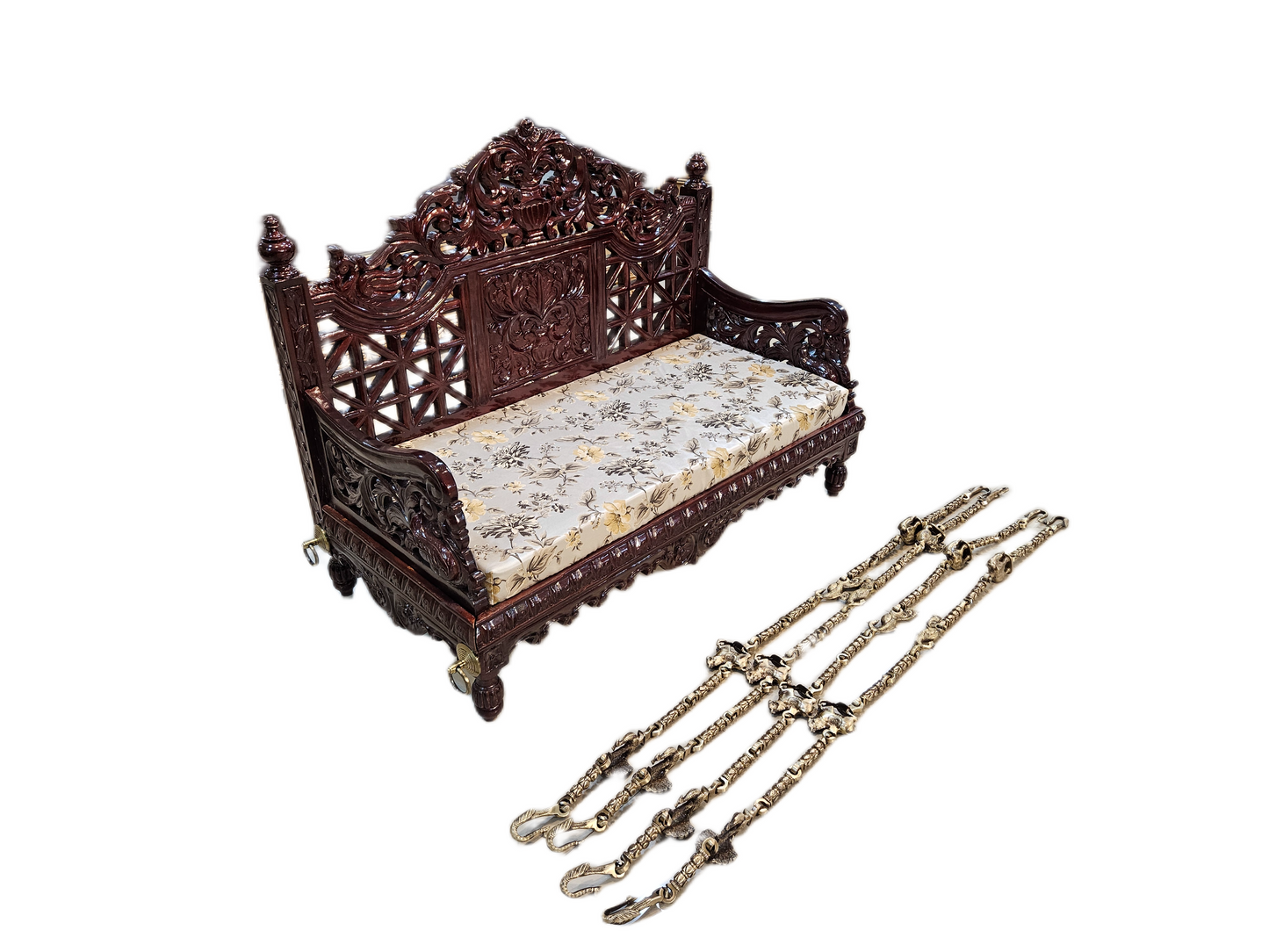 Royal Handcrafted Wooden Carved Jhula Swing with Brass Chains