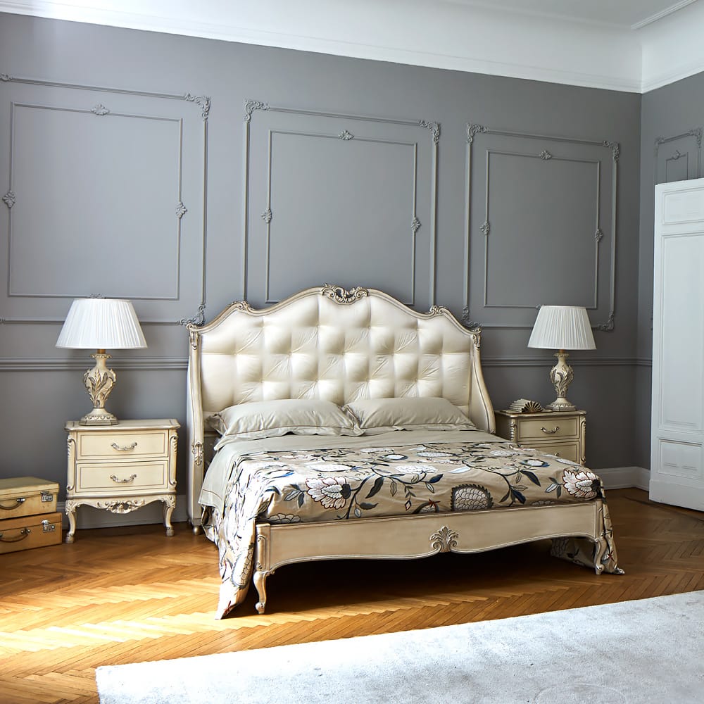 Designer Carved Bed with Upholstered Wooden Frame