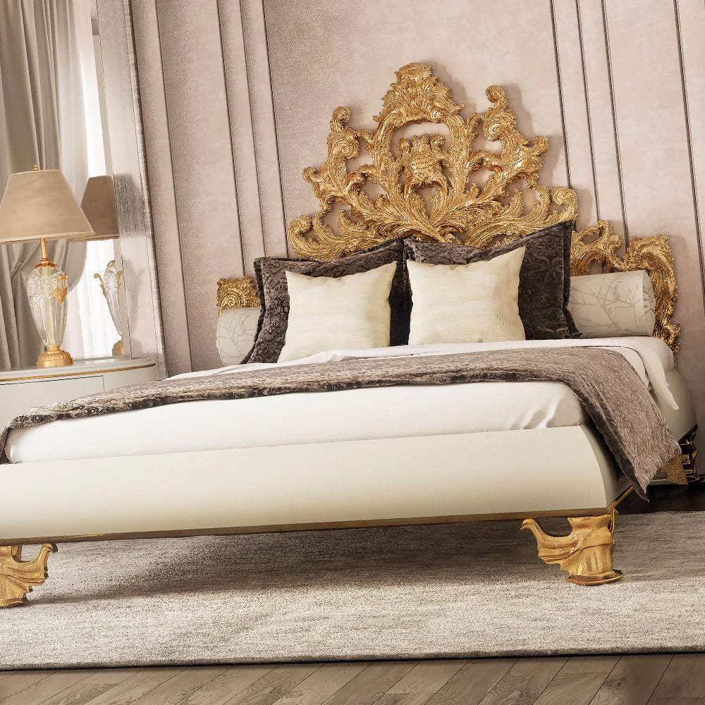 Ornate Handcrafted Wooden Bed with Tufted Headboard