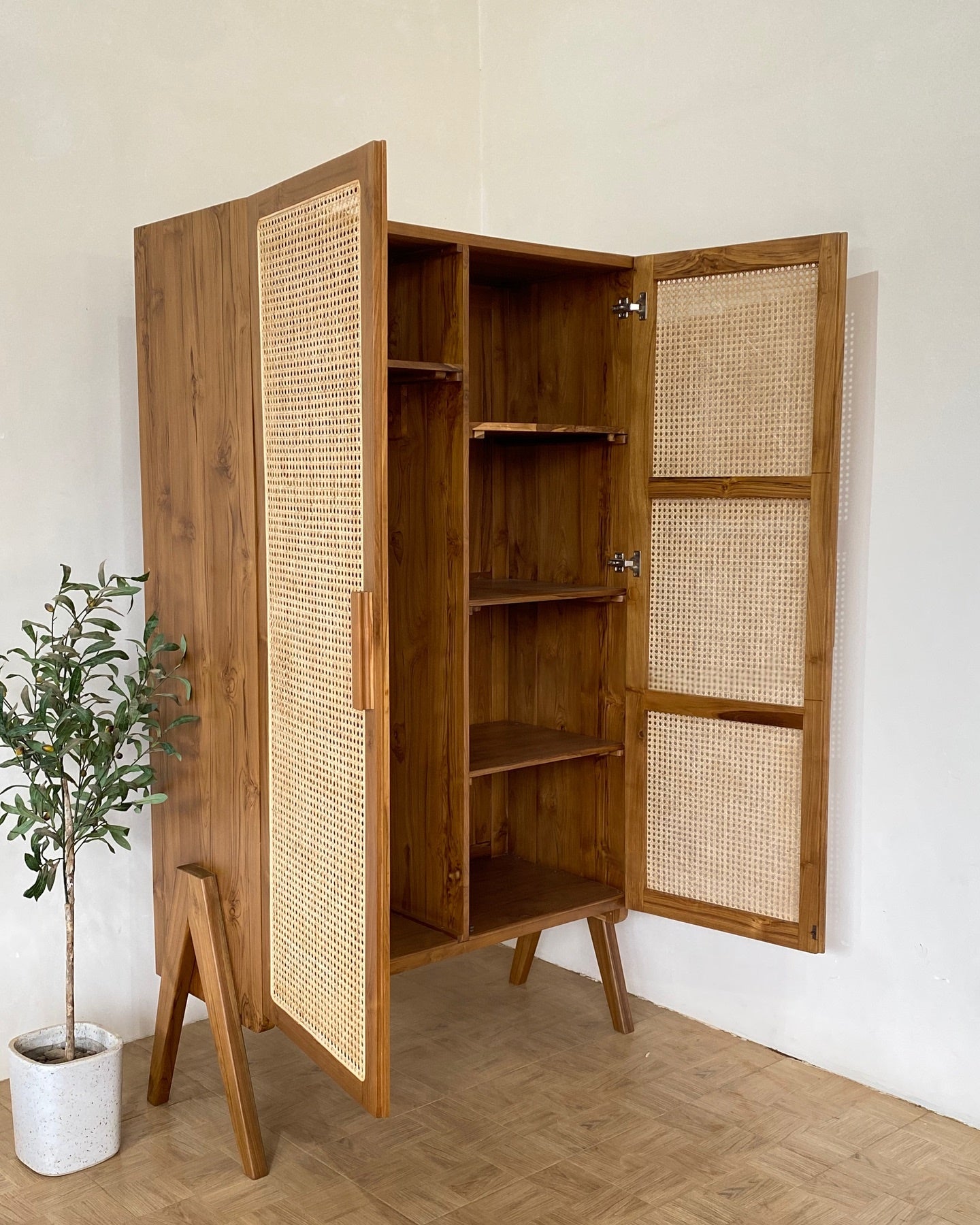 Wooden Cane Door Closet | Handcrafted Storage Cabinet for Home