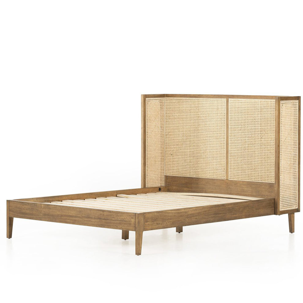 Handcrafted Wooden Bed with Natural Cane Weaving