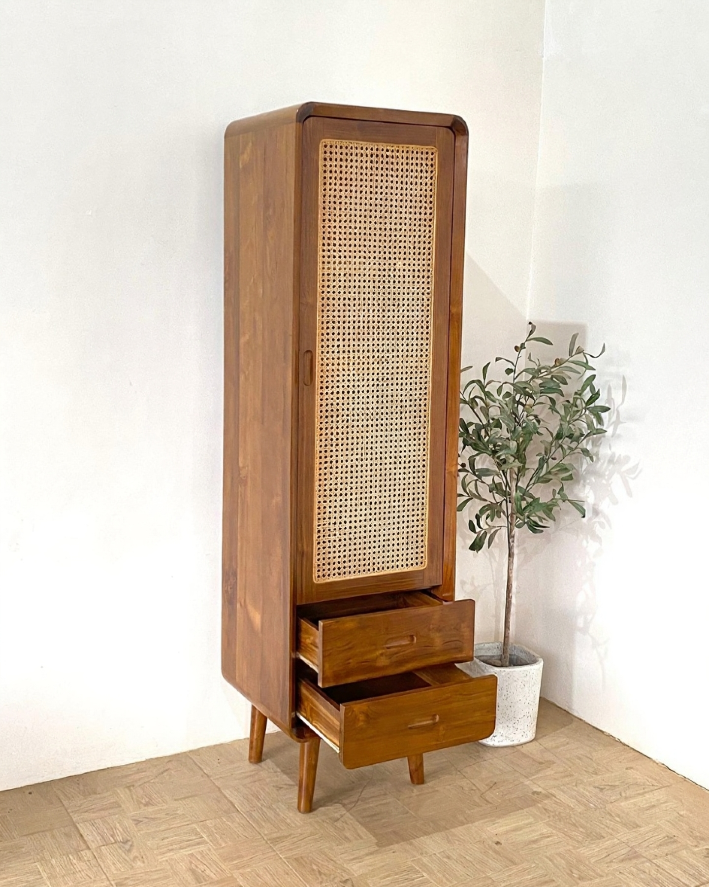 Solid Wood Cane Front Wardrobe – Designer Storage for Home