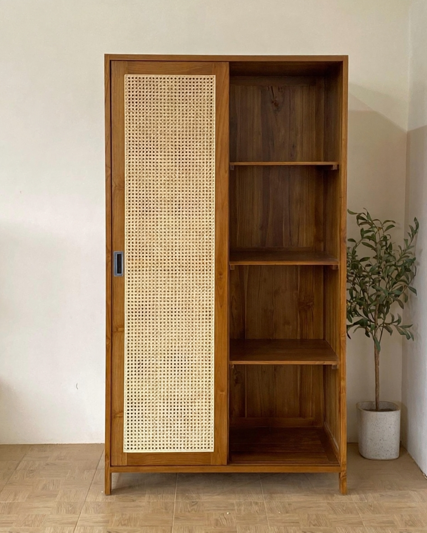Handcrafted Wooden Closet with Natural Cane Doors