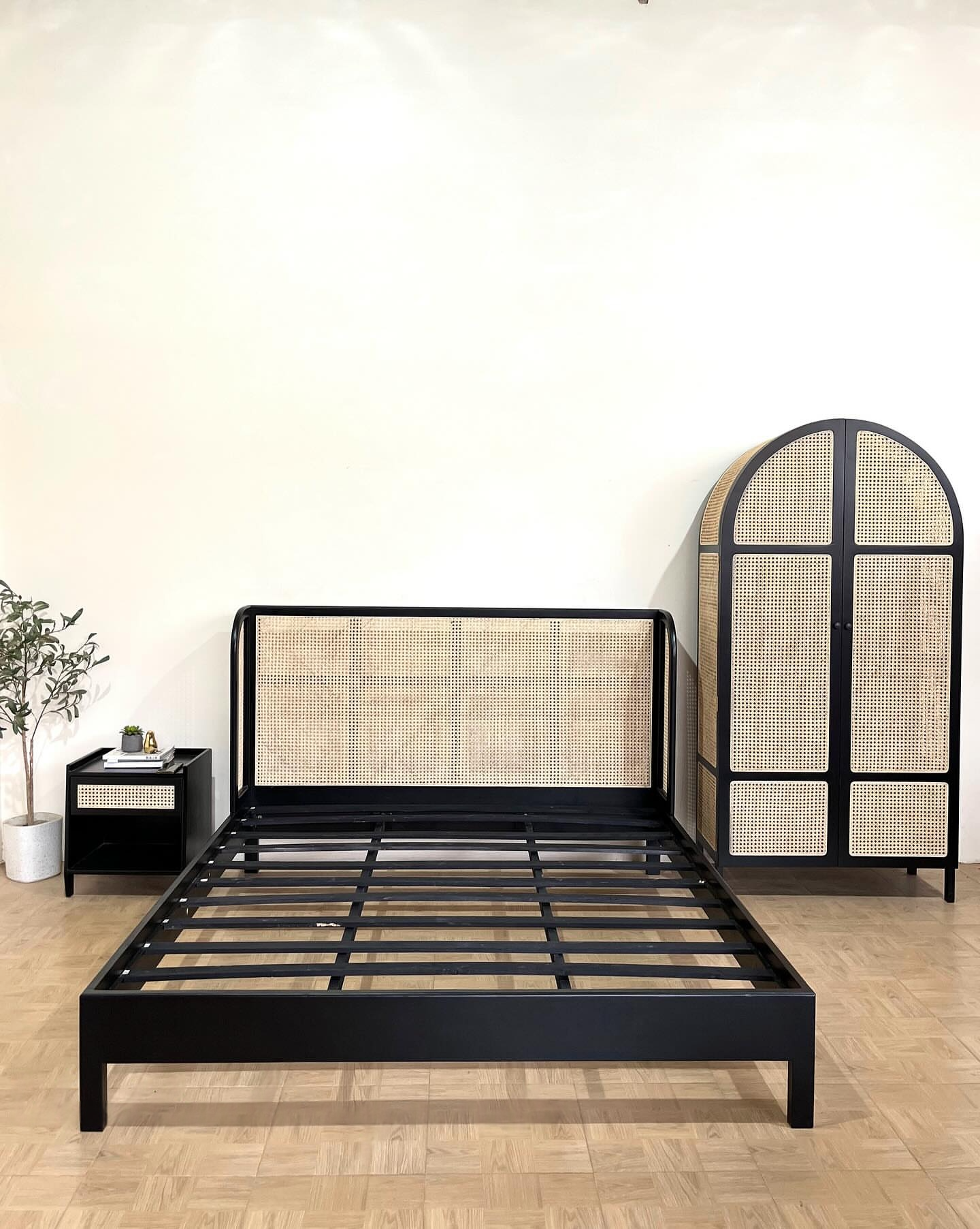 Premium Solid Wood Bed with Rattan Detailing