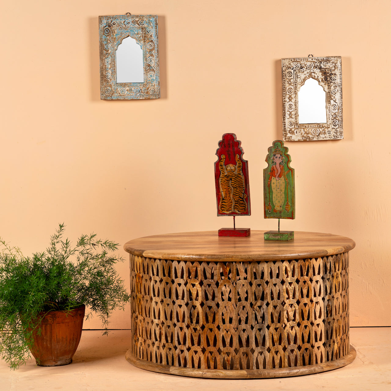 Handcrafted Carved Coffee Table with Wooden Frame