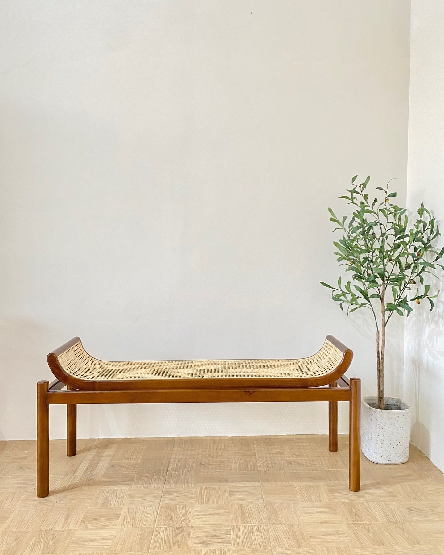 Wooden Cane Bench | Handcrafted Rattan Seating for Home