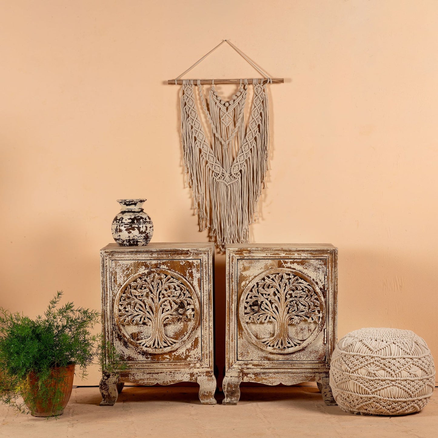 Handcrafted Carved Bedside Table with Elegant Detailing