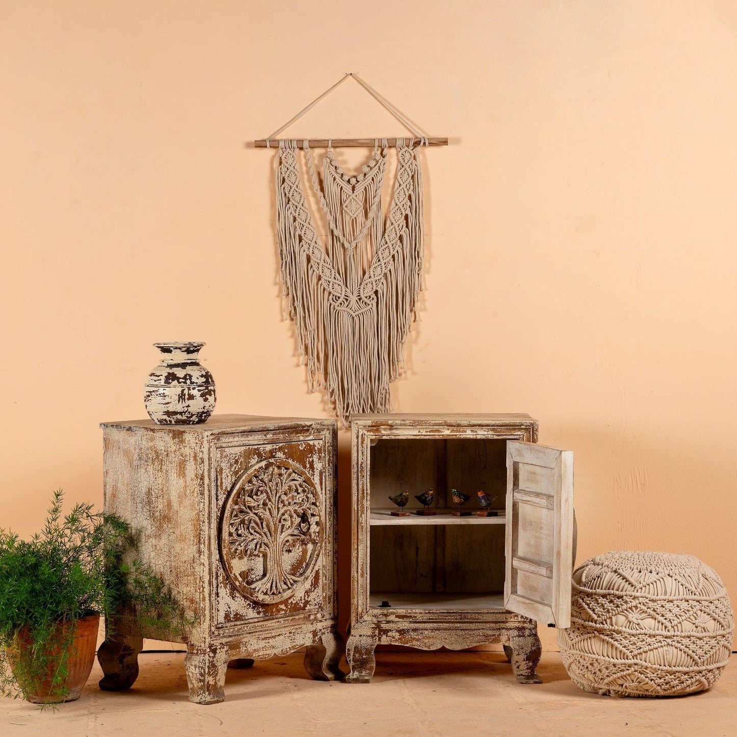 Handcrafted Carved Bedside Table with Elegant Detailing