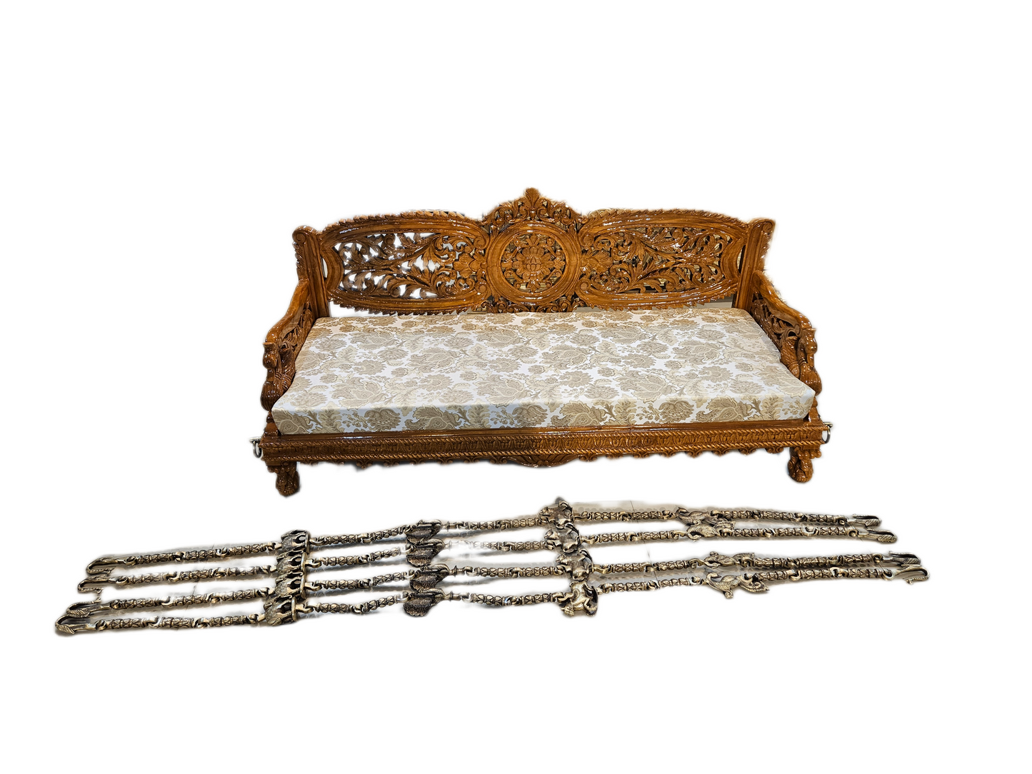 Handcrafted Wooden Carved Jhula Swing with Traditional Design & Brass Chain