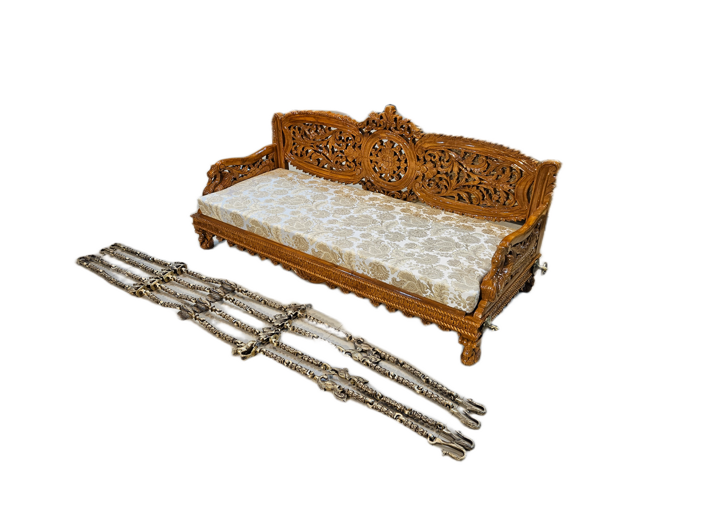 Handcrafted Wooden Carved Jhula Swing with Traditional Design & Brass Chain