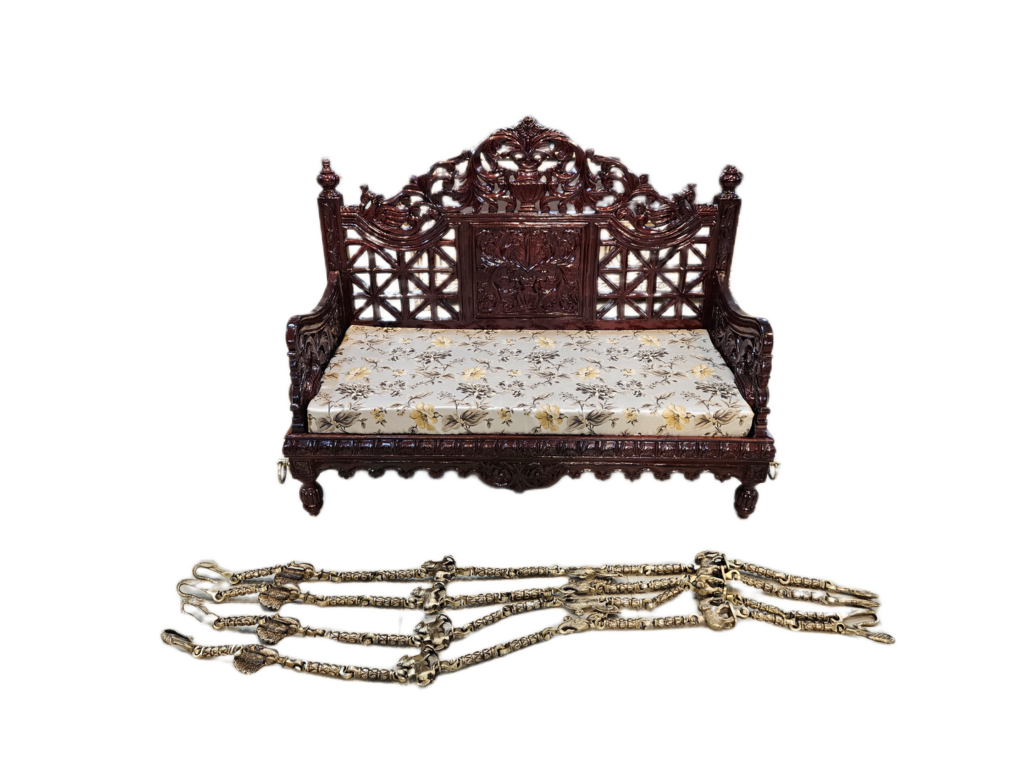 Royal Handcrafted Wooden Carved Jhula Swing with Brass Chains