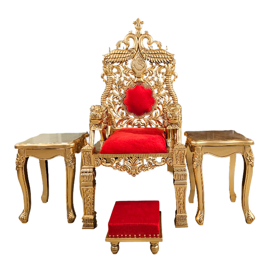 Handcrafted Wooden Guruji Chair Set with Royal Carving & Golden Polish