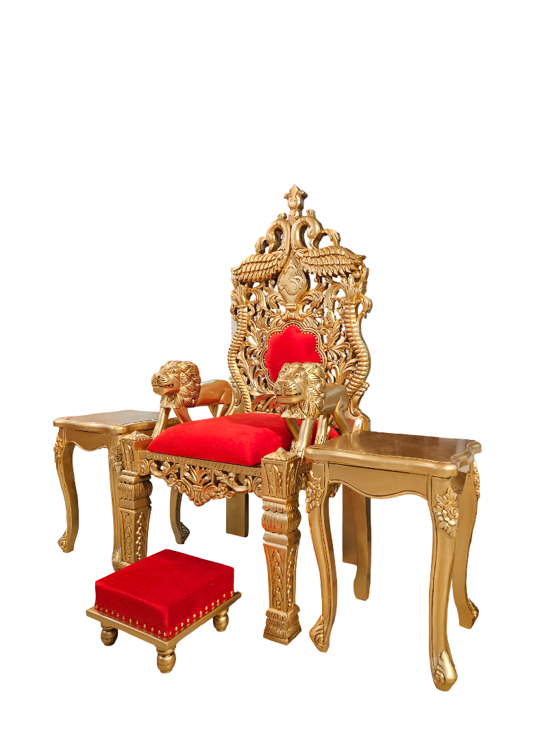 Handcrafted Wooden Guruji Chair Set with Royal Carving & Golden Polish