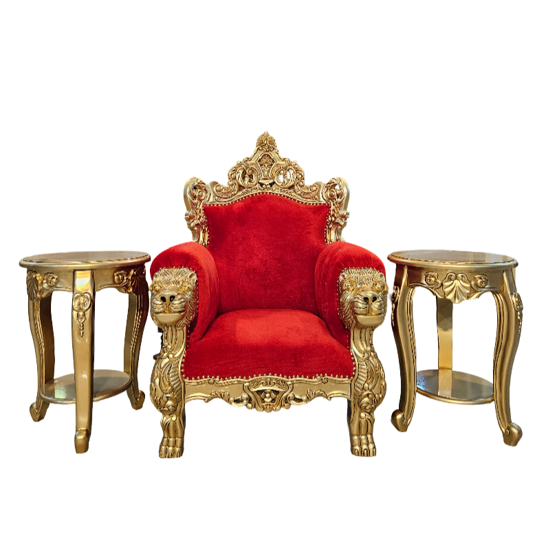 Traditional Wooden Guruji Chair with Velvet Cushion & Side Tables