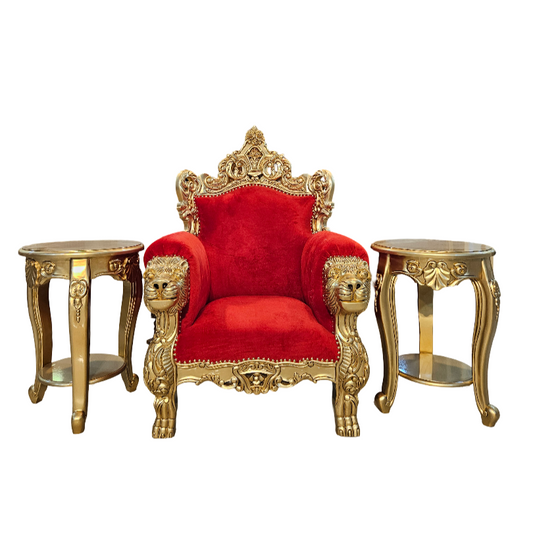 Traditional Wooden Guruji Chair with Velvet Cushion & Side Tables