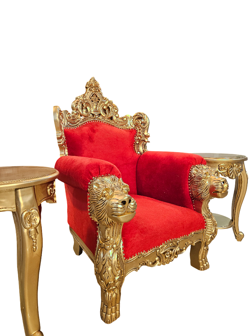 Traditional Wooden Guruji Chair with Velvet Cushion & Side Tables