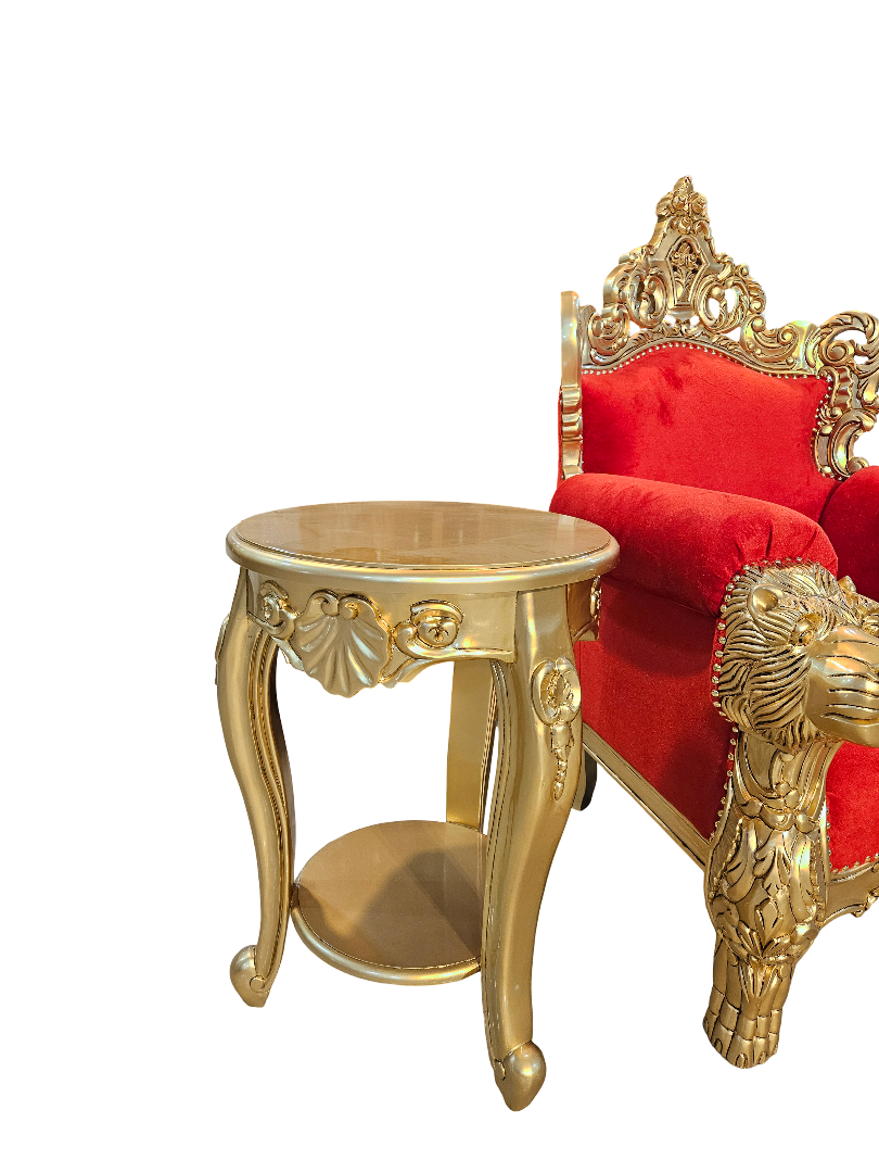 Traditional Wooden Guruji Chair with Velvet Cushion & Side Tables