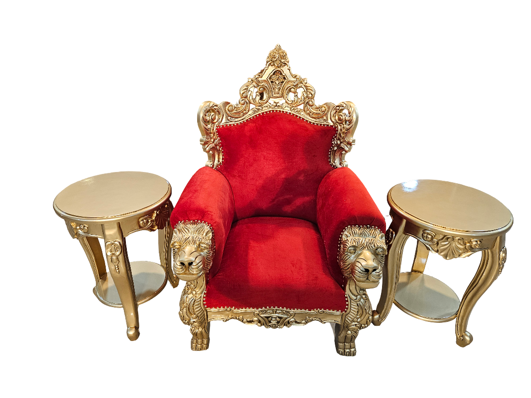 Traditional Wooden Guruji Chair with Velvet Cushion & Side Tables