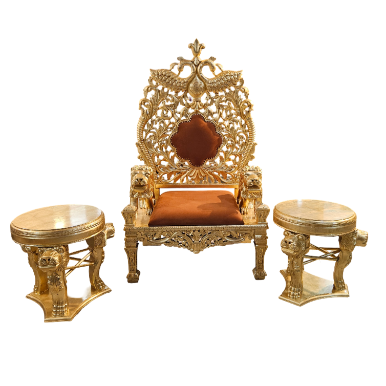 Temple Style Guruji Chair Set – Solid Wood with Golden Touch