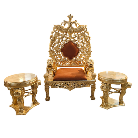 Temple Style Guruji Chair Set – Solid Wood with Golden Touch