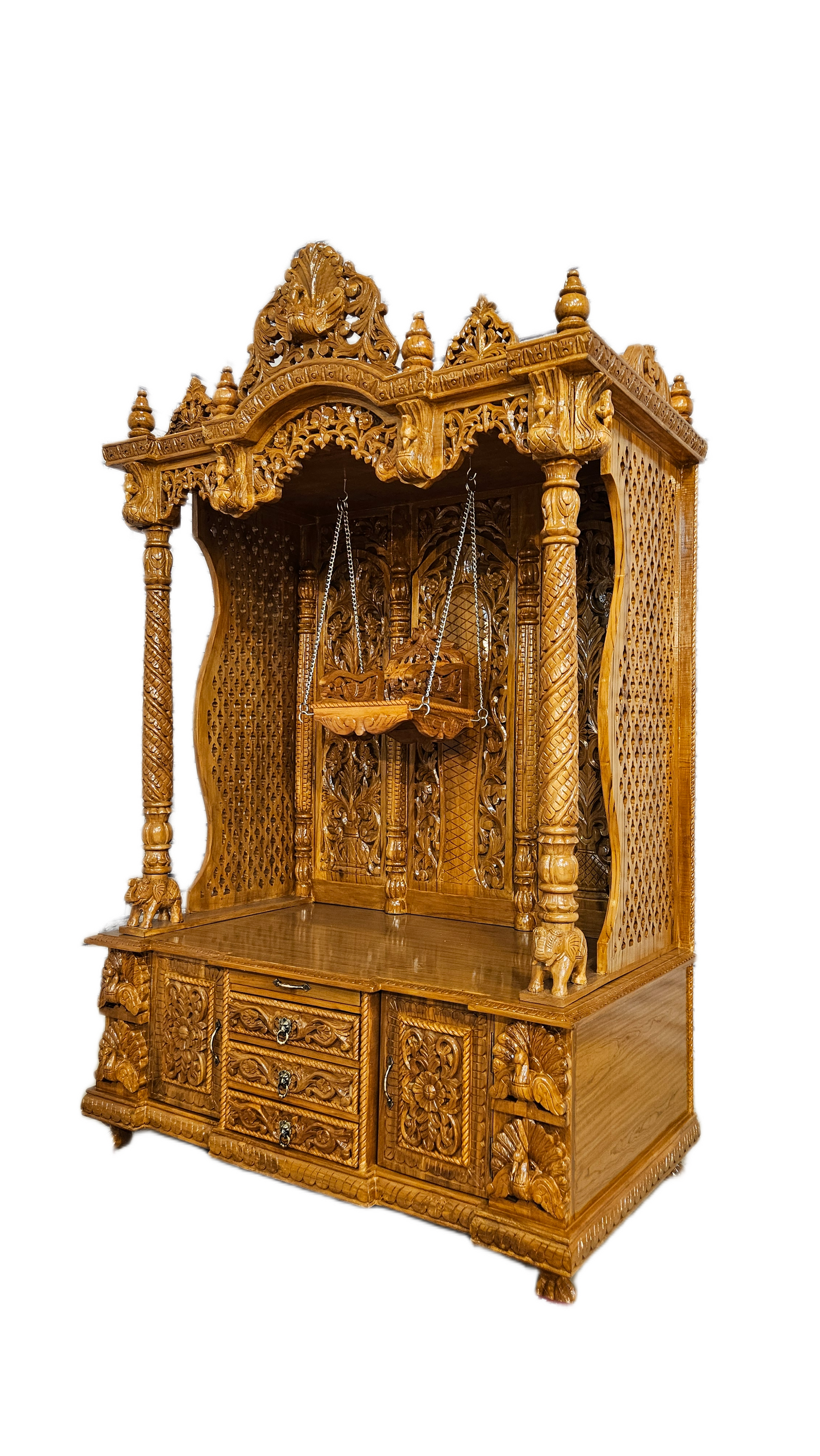 Handcrafted Solid Wood Mandir with Carved Details