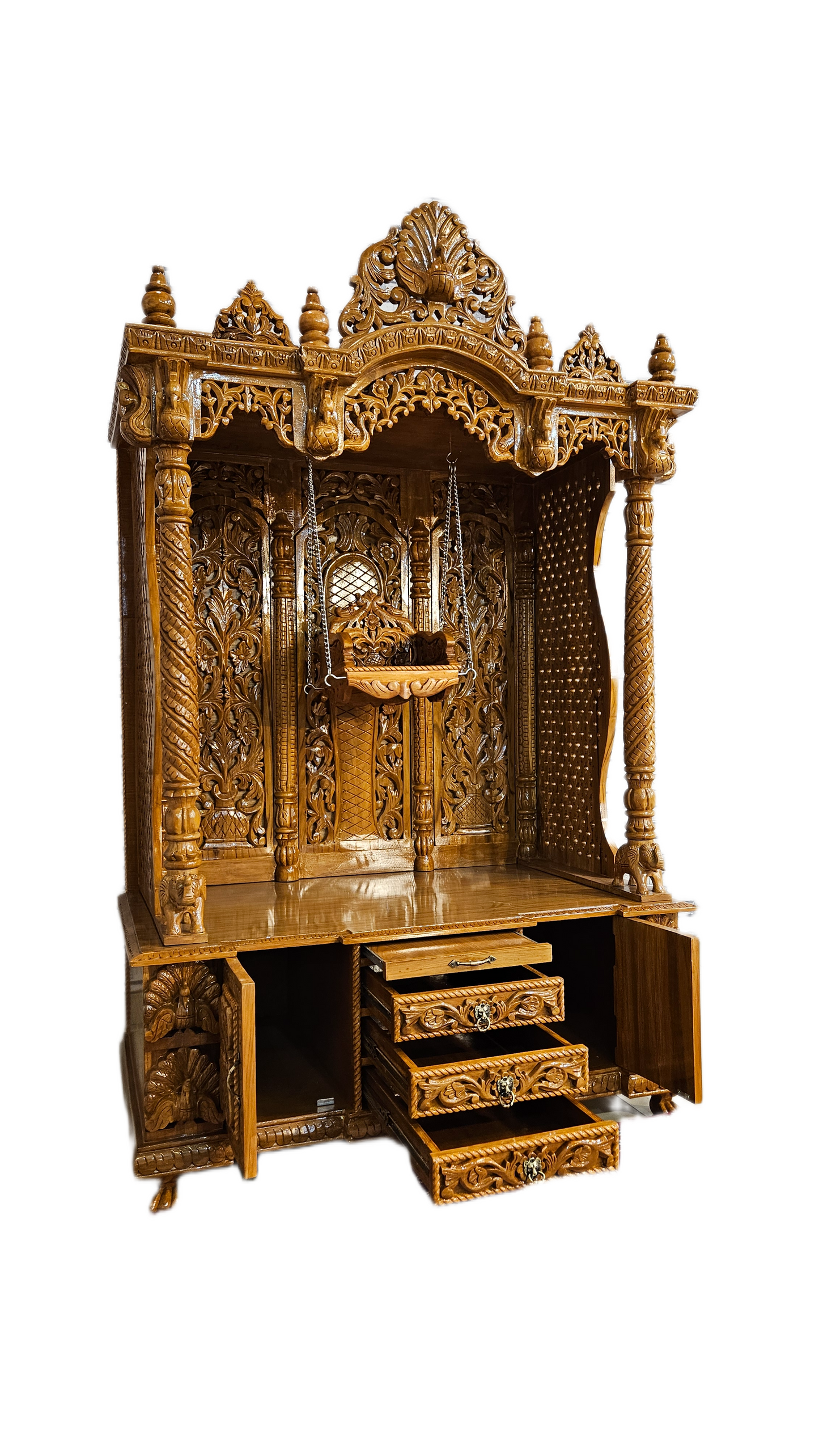 Handcrafted Solid Wood Mandir with Carved Details