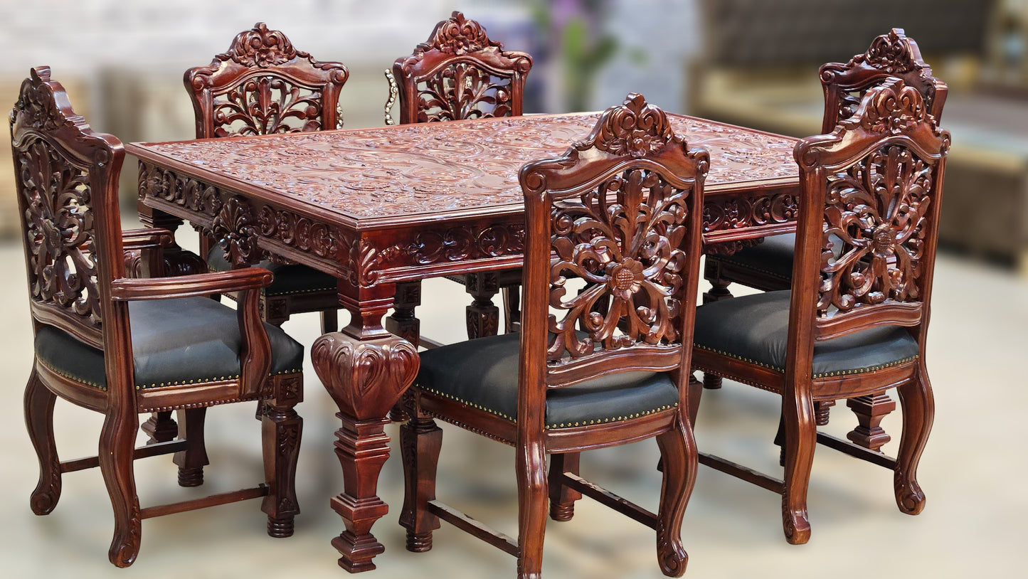 Antique Gold Finish Wooden Dining Table Set with Ornate Carved Detailing