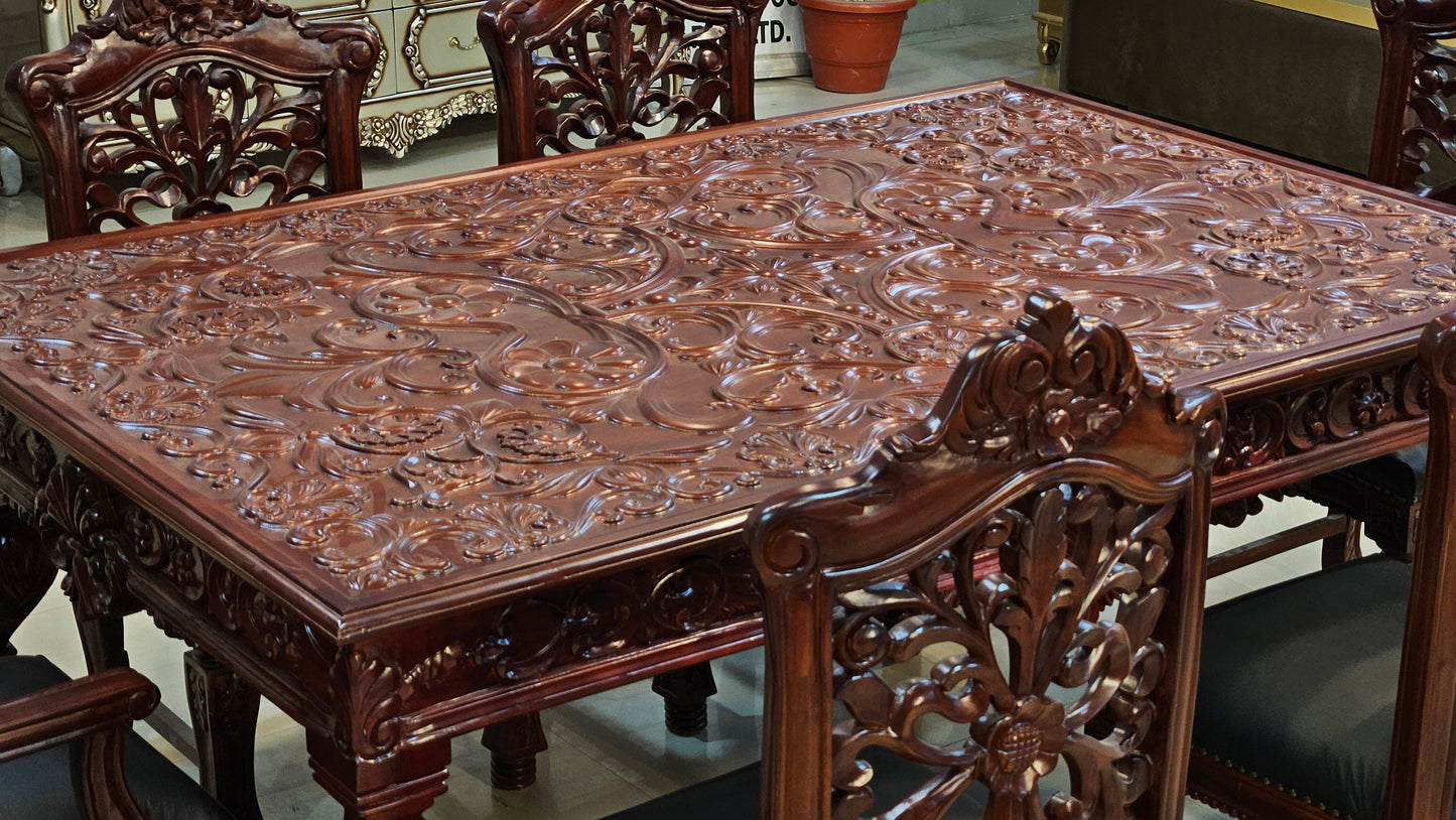 Antique Gold Finish Wooden Dining Table Set with Ornate Carved Detailing