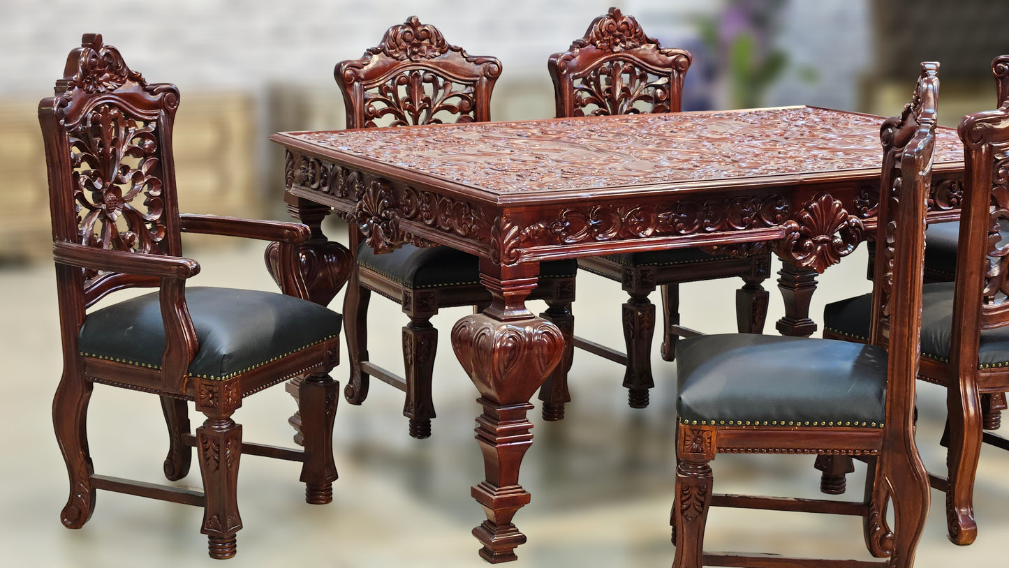 Antique Gold Finish Wooden Dining Table Set with Ornate Carved Detailing