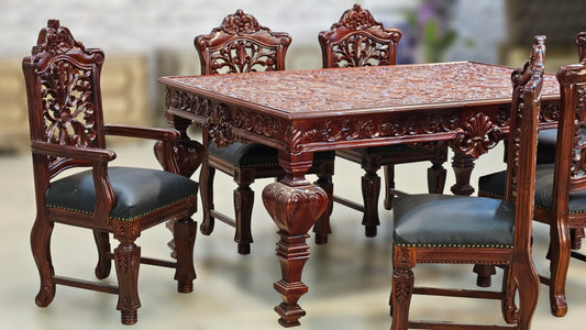 Antique Gold Finish Wooden Dining Table Set with Ornate Carved Detailing