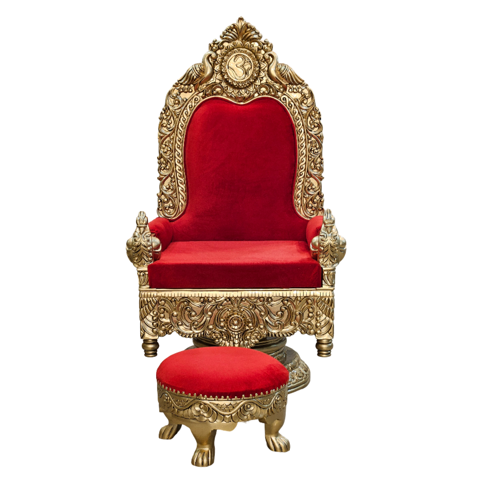 Traditional Wooden Guruji Chair with Golden Polish and Footrest