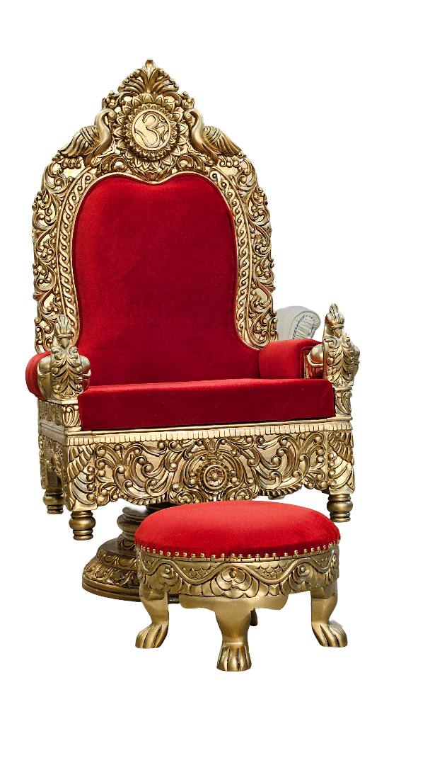 Traditional Wooden Guruji Chair with Golden Polish and Footrest