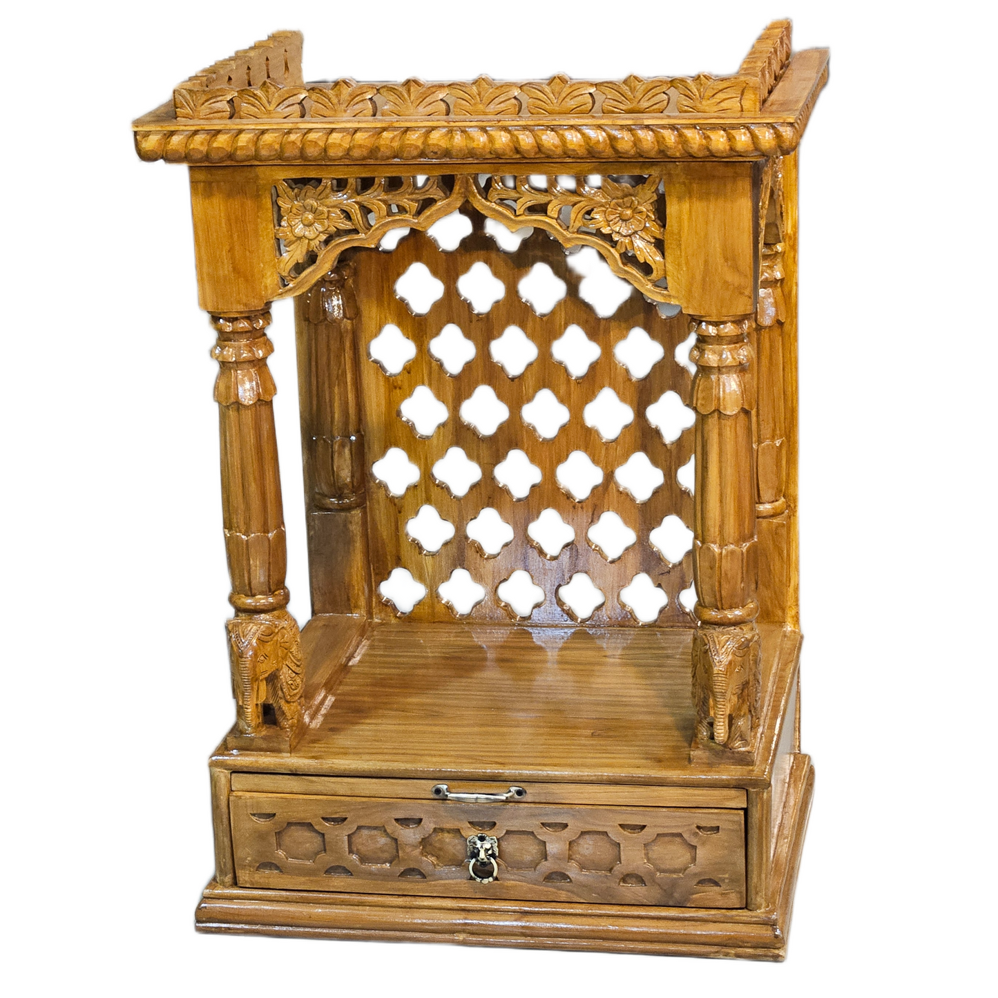 Handcrafted Solid Wood Mandir with Carved Details