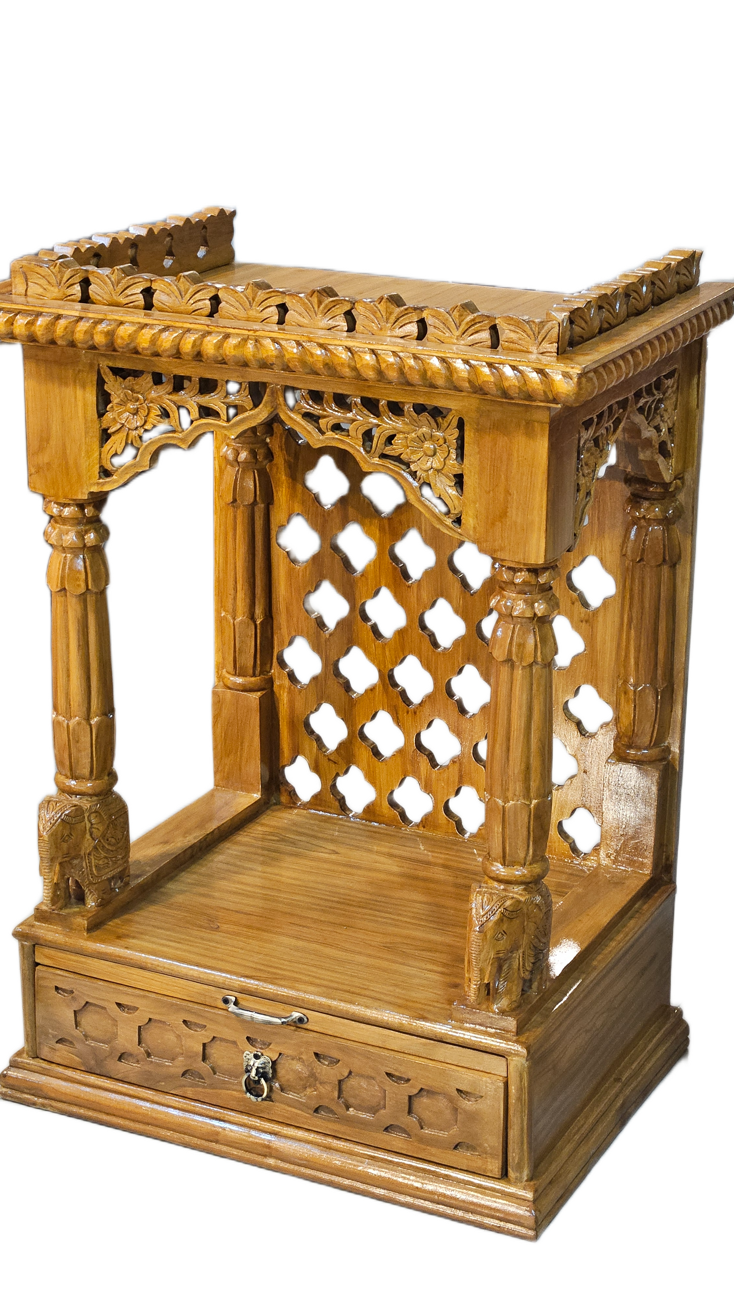 Handcrafted Solid Wood Mandir with Carved Details