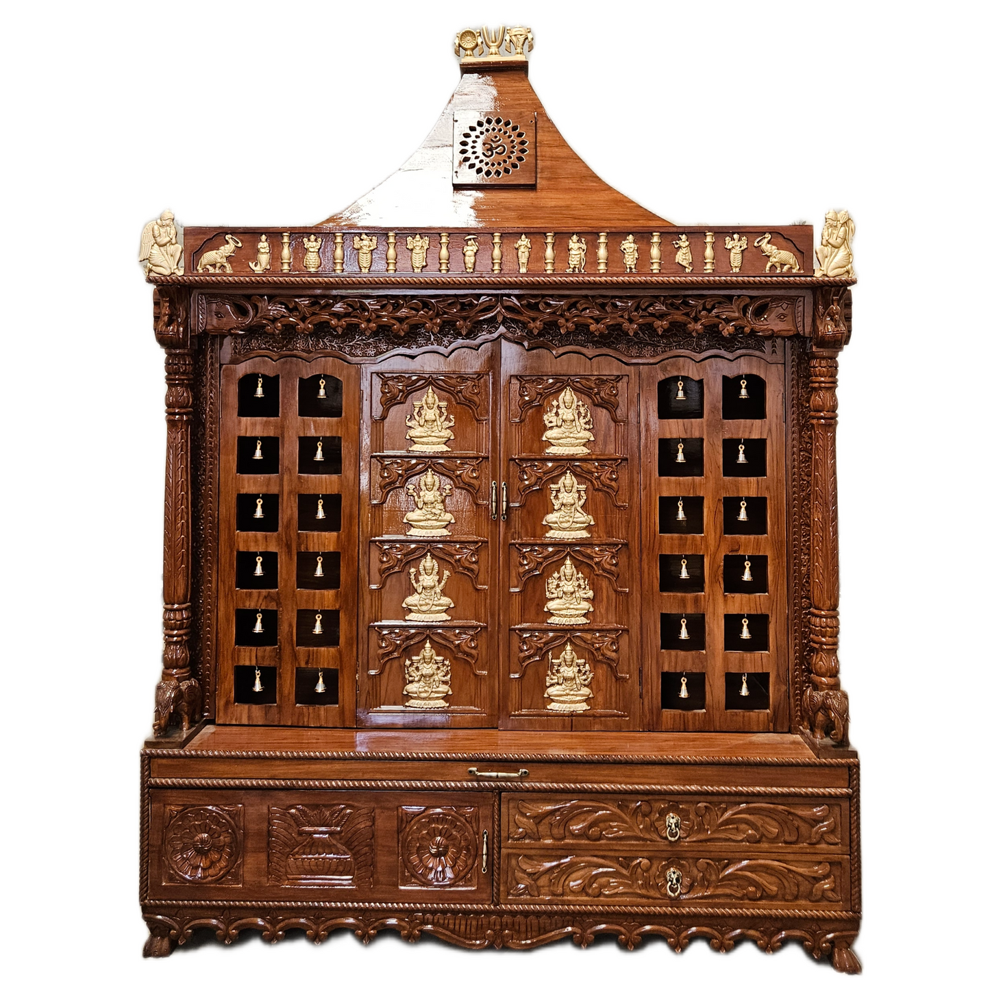 Elegant Wooden Asthalaxmi Pooja Mandir with LED Om | Customizable Design for South India