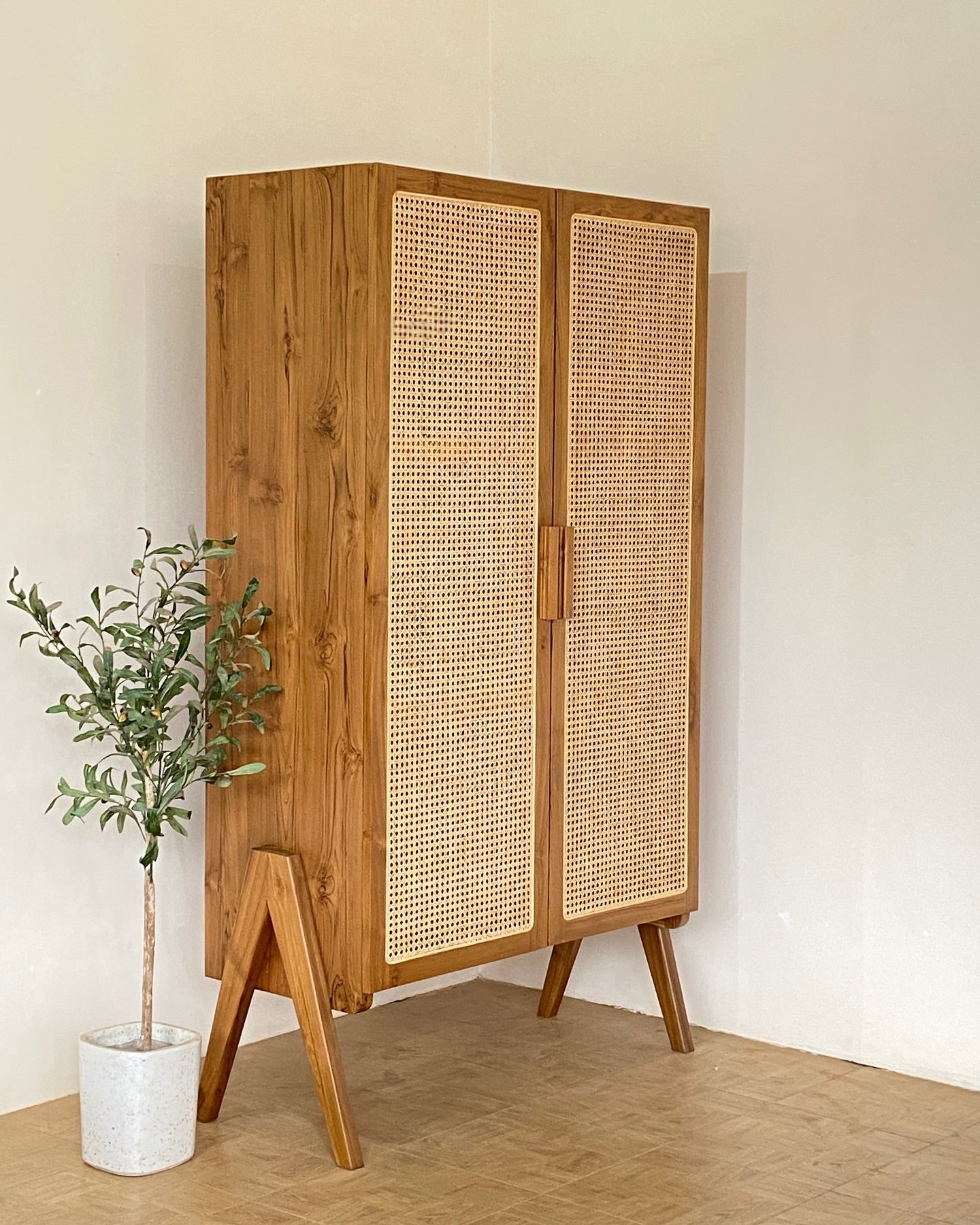 Wooden Cane Door Closet | Handcrafted Storage Cabinet for Home