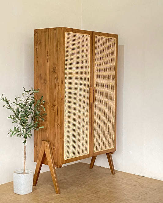 Wooden Cane Door Closet | Handcrafted Storage Cabinet for Home