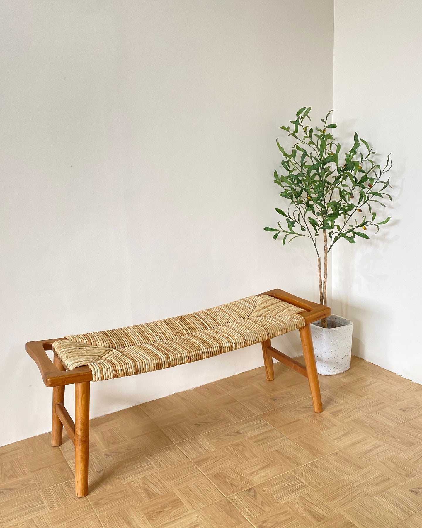 Handcrafted Cane & Wood Bench for Living Room
