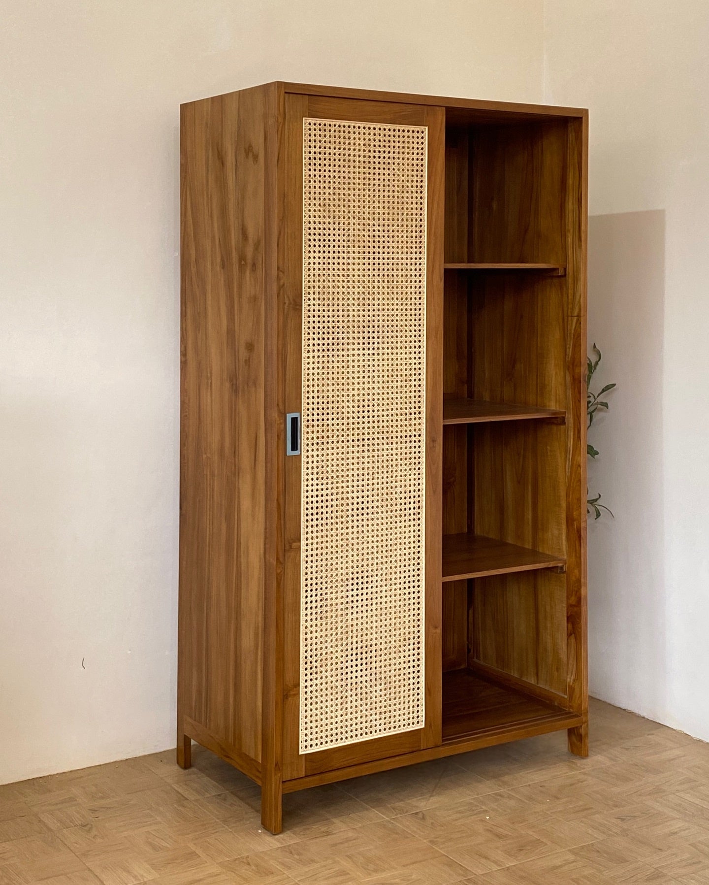Handcrafted Wooden Closet with Natural Cane Doors