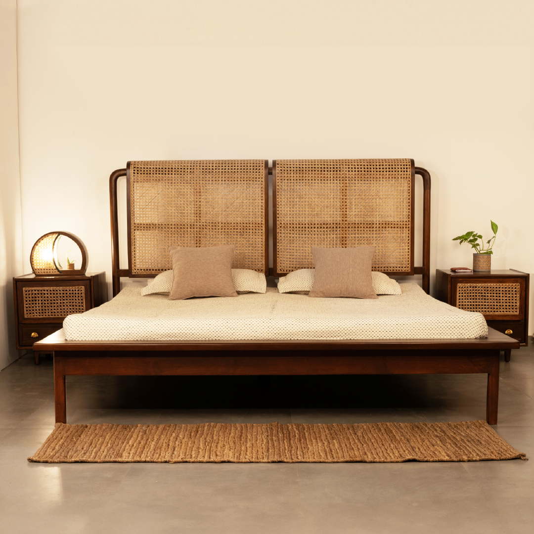 Solid Wood Rattan Bed Frame – Vintage Boho Style