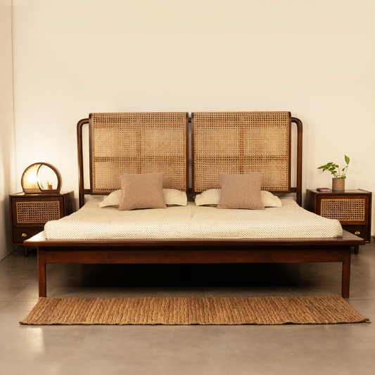 Solid Wood Rattan Bed Frame – Vintage Boho Style