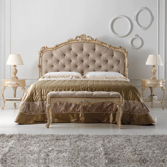 Regal Handcrafted Carved Bed with Upholstered Finish
