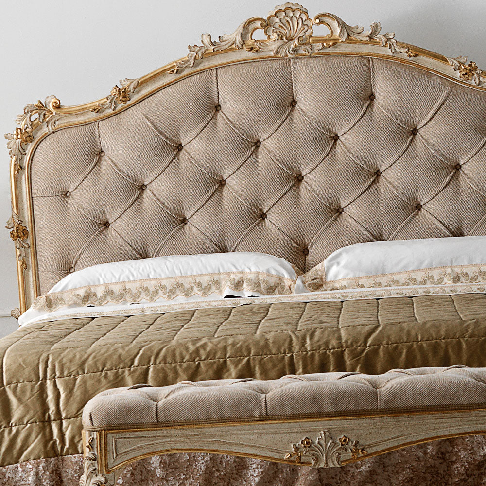Regal Handcrafted Carved Bed with Upholstered Finish