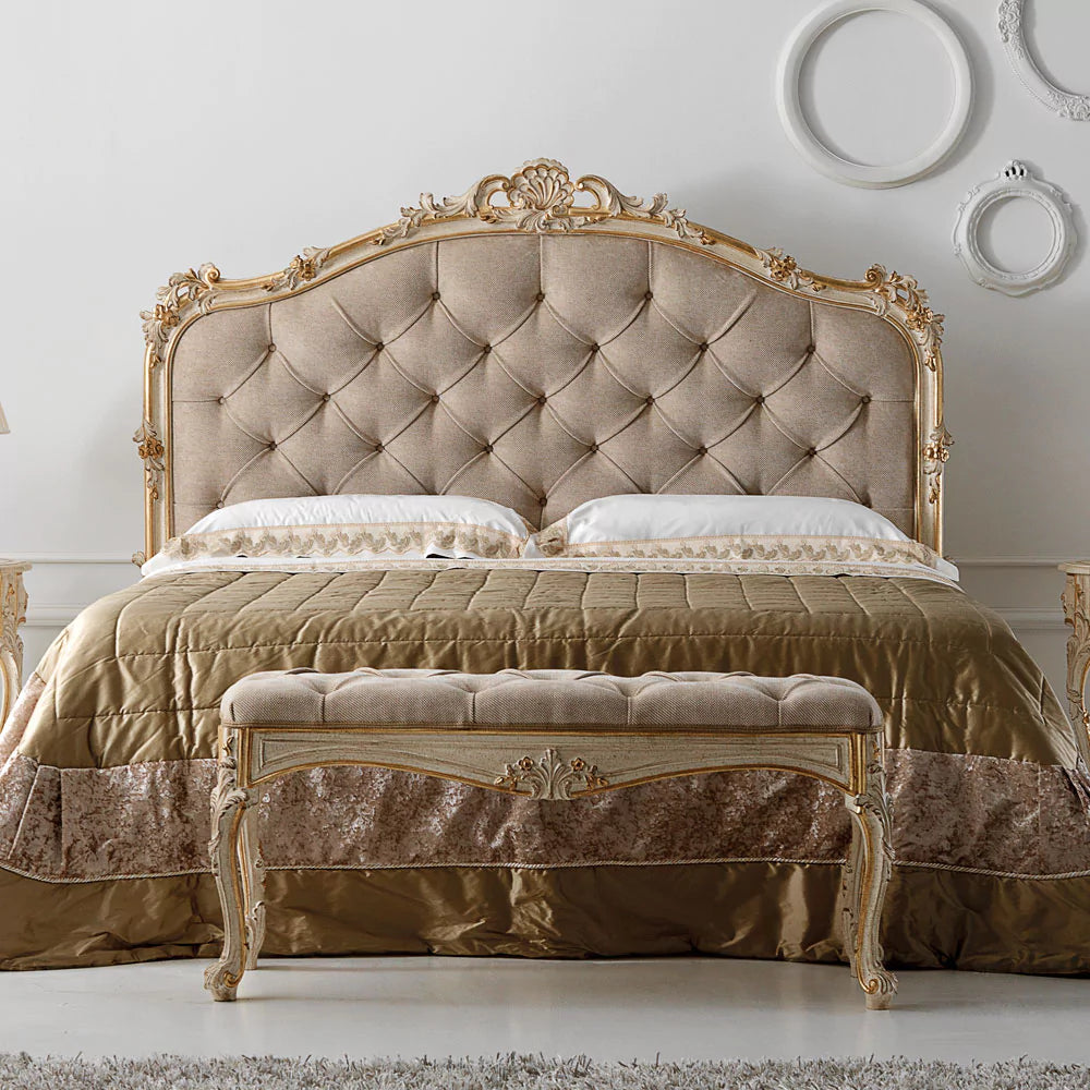 Regal Handcrafted Carved Bed with Upholstered Finish