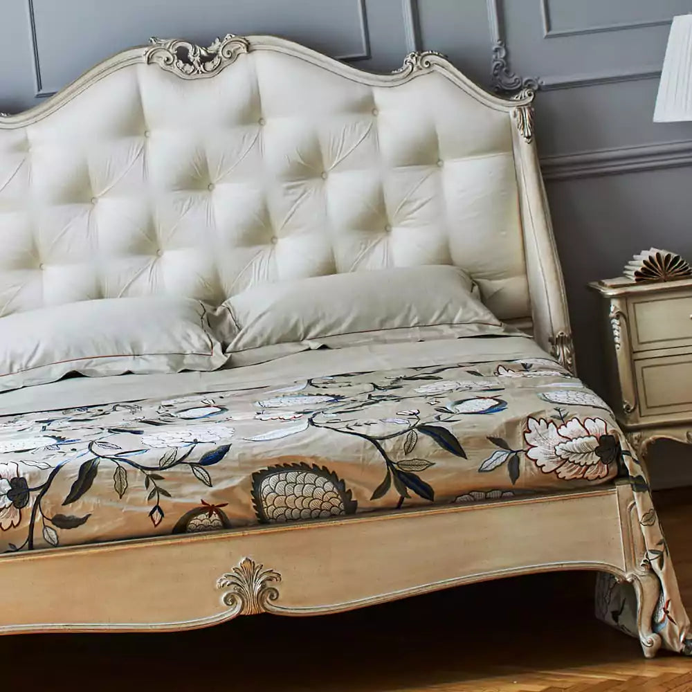 Designer Carved Bed with Upholstered Wooden Frame