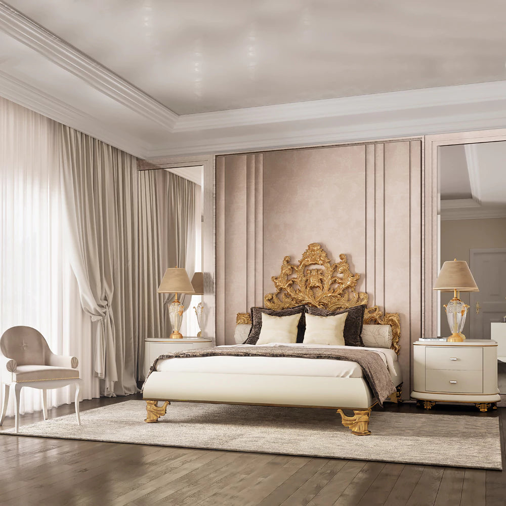 Ornate Handcrafted Wooden Bed with Tufted Headboard