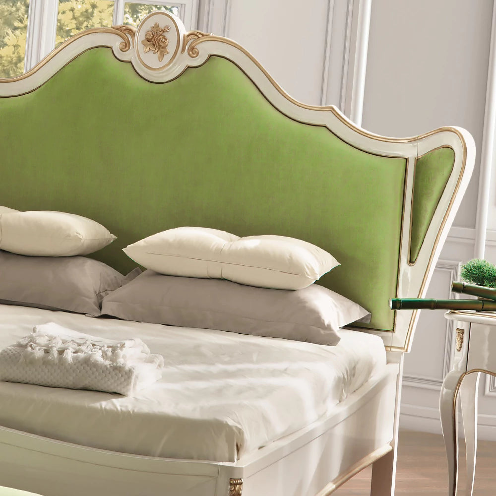 Classic Wooden Carved Bed with Upholstered Panel