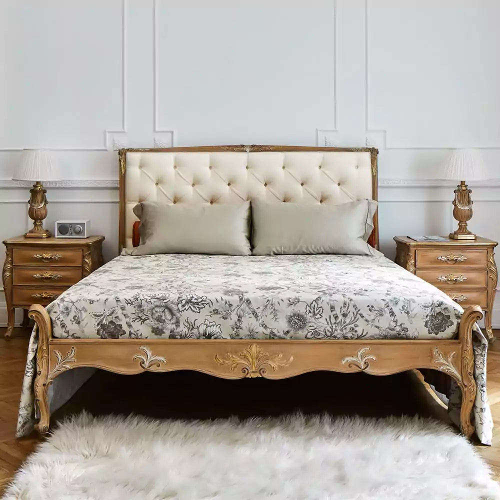 Regal Designer Bed with Hand-Carved Wooden Frame