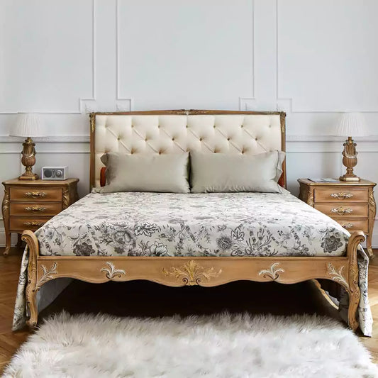 Regal Designer Bed with Hand-Carved Wooden Frame
